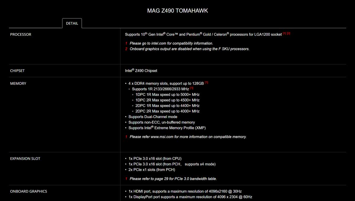 Spec-1 MAG Z490 TOMAHAWK