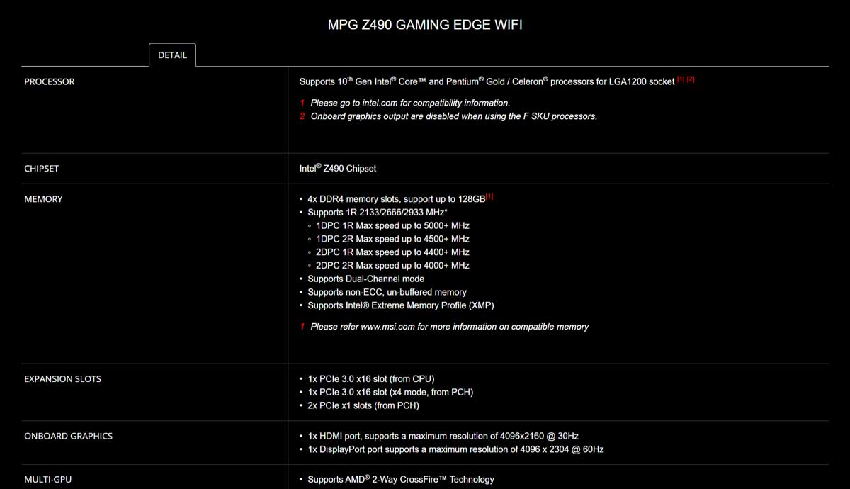 Spec-1 MPG Z490 GAMING EDGE WIFI