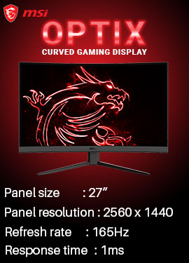MSI OPTIX curved gaming display with 2560 X 1440 resolution and 165Hz refresh rate